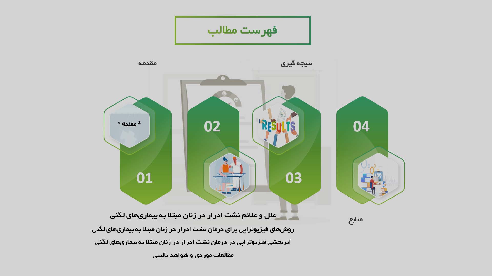 پاورپوینت در مورد اثربخشی فیزیوتراپی در درمان نشت ادرار در زنان مبتلا به بیماری‌های لگنی